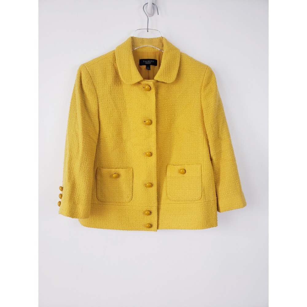 Talbots Tweed Blazer Jacket Yellow Textured Button Front Round Neck Womens8